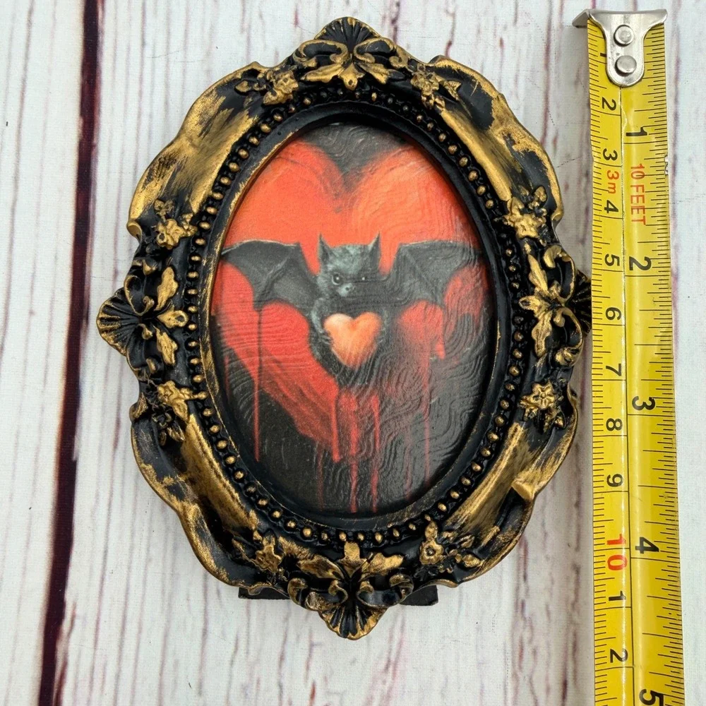 Gothic Bat Heart Art Print Distressed Gold Oval Frame Decoupage Tabletop Decor